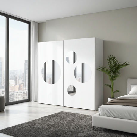 Cullinan White Large 219cm Sliding Door Wardrobe With Round Mirrors - 8XIKS102