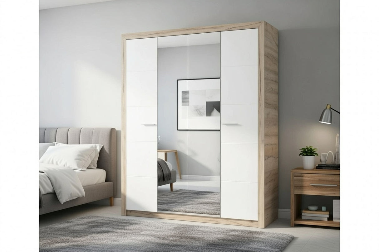 Selina Mirrored 4 Door Grey Oak and White Gloss Wardrobe With Shelves And Hanging Space - 11008706
