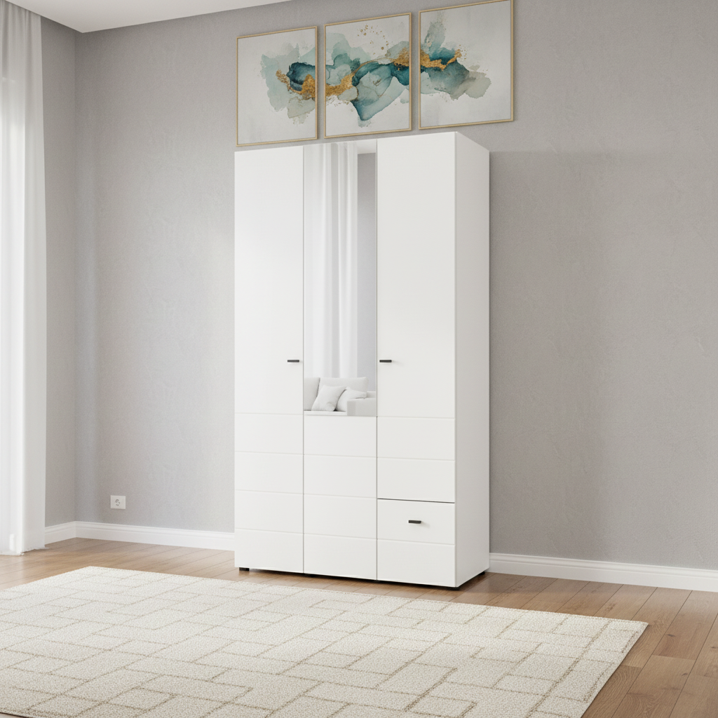 Nevaris White Narrow 3 Door 1 Drawer Space-Saving 117cm Wide Combination Wardrobe - 11014950