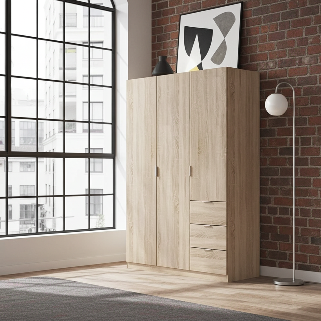 Spinda  Oak Effect Narrow 3 Door 3 Drawer Space-Saving Wardrobe 135cm Wide - LCX353F