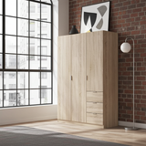 Spinda  Oak Effect Narrow 3 Door 3 Drawer Space-Saving Wardrobe 135cm Wide - LCX353F