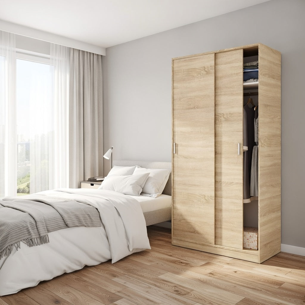 Zian Canadian Oak Effect Small Narrow Space-Saving Sliding 2 Door Wardrobe 100cm Wide - MAX019F