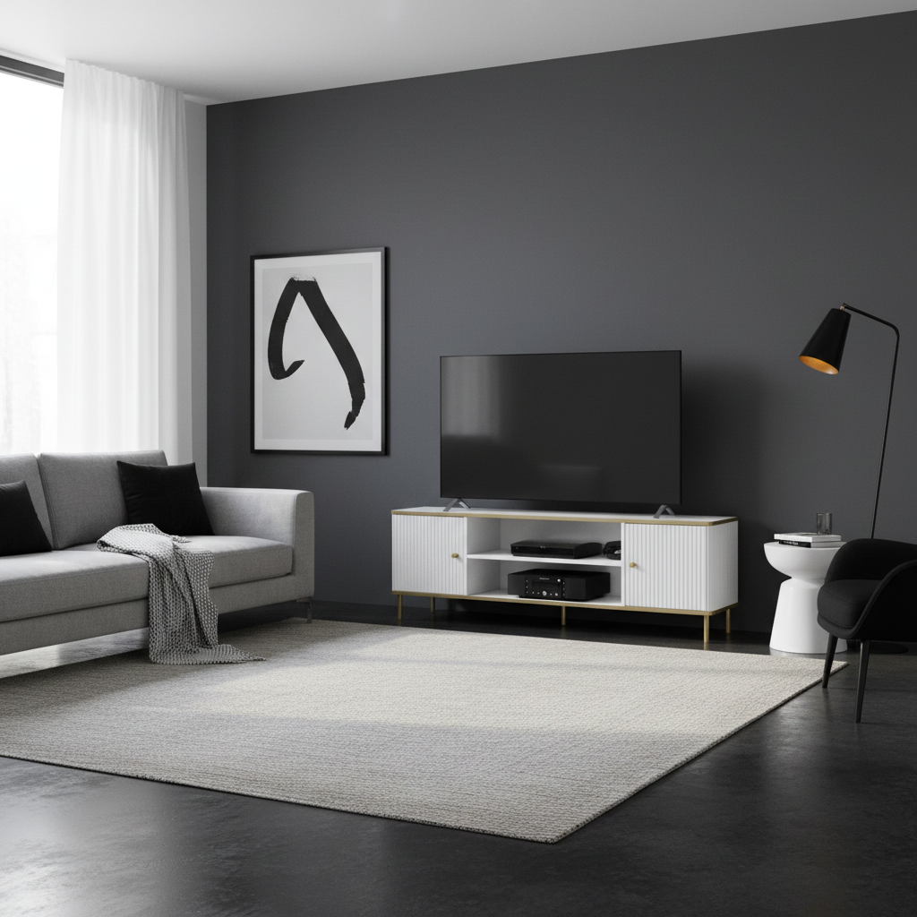 Camelienne Slatted White And Gold Elegant Large TV Cabinet With 2 Doors 3147RZ