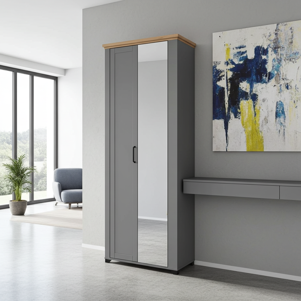 Madrid Grey And Artisan Oak Slim Narrow Shallow Depth Mirrored Wardrobe - 11011371