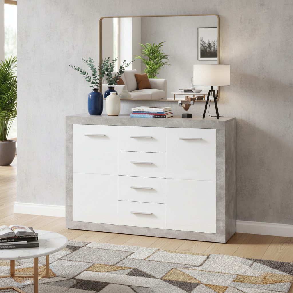 Cementara Concrete Grey and White High Gloss Sideboard 117cm Wide P9BBGS56
