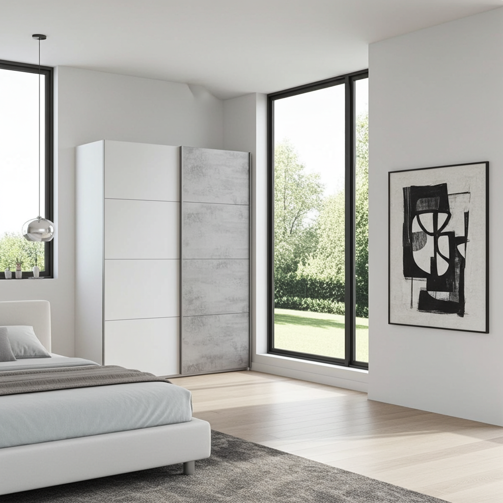 Lina White and Concrete Grey Effect Sliding 2 Door Wardrobe 150cm Wide - ARM154A