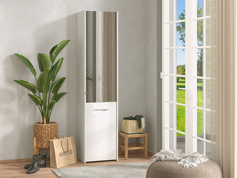Lisbon White Mirrored 1 Door 30 Pair Tall Slim Shoe Cabinet Cupboard - 11012393