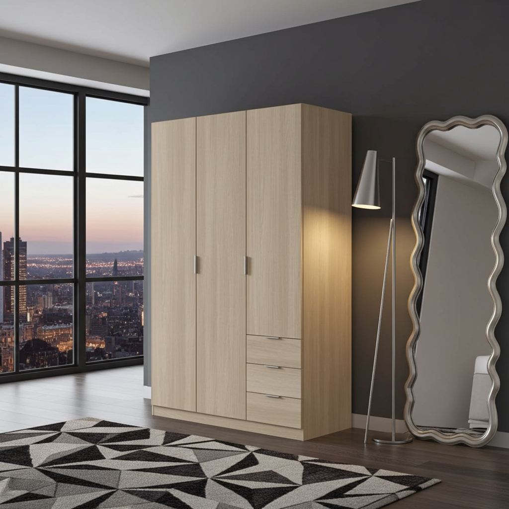 Spinda Small Oak Effect Narrow 3 Door 3 Drawer Space-Saving Wardrobe 121cm Wide - LCX323R