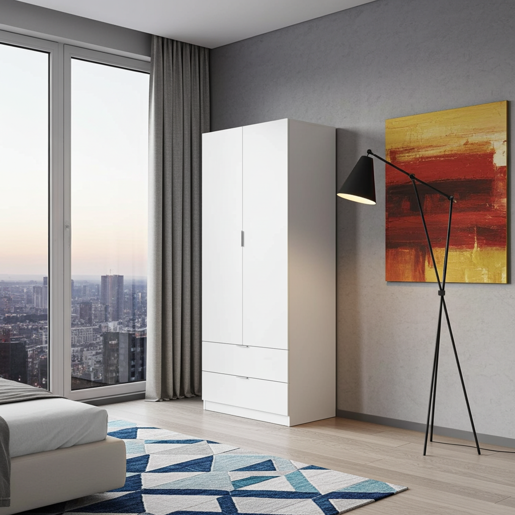 Spinda Artic White Compact Narrow 2 Door 2 Drawer Space-Saving Wardrobe 81cm Wide- LCX222O