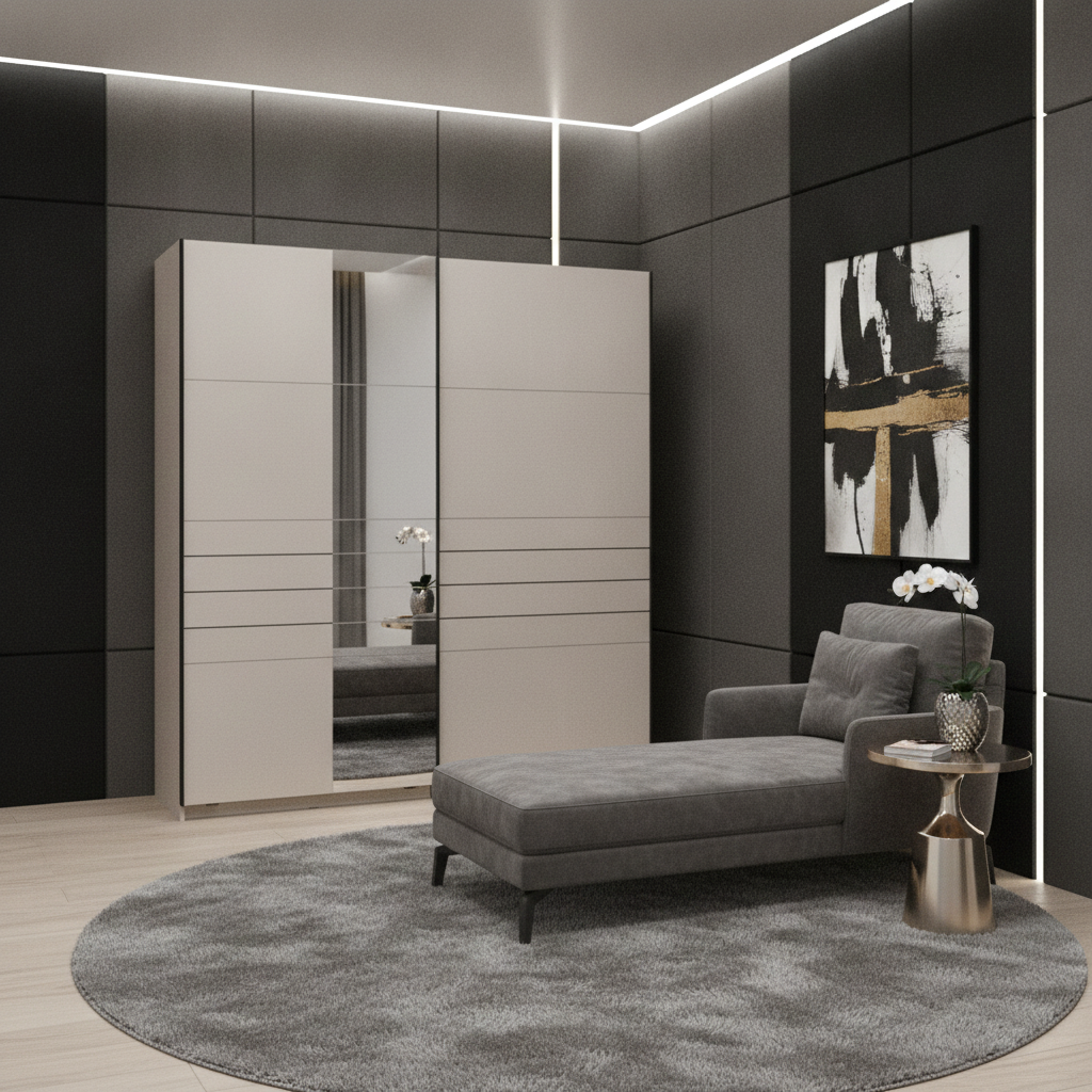 Veymont Cashmere Taupe And Mirrored 200cm Sliding Door Wardrobe - 11014745