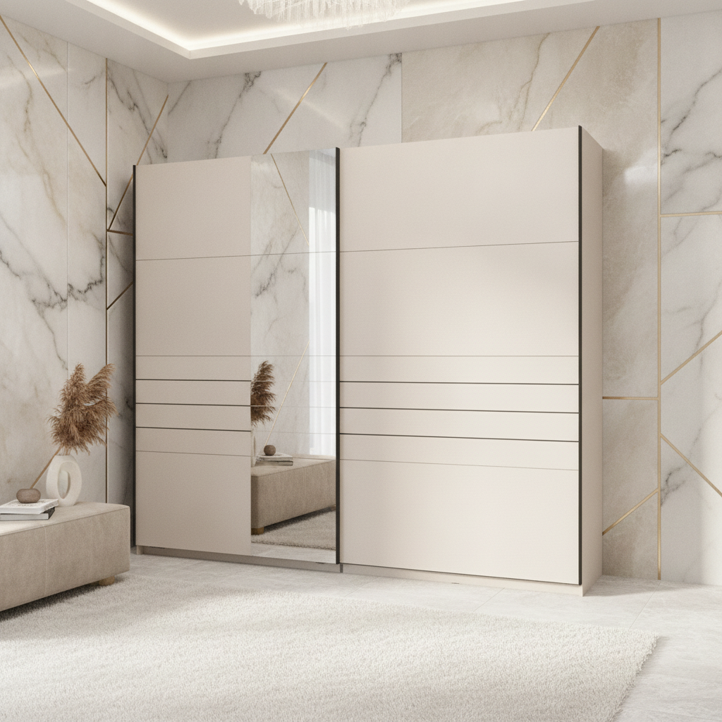 Veymont Cashmere Taupe And Mirrored 245cm Wide Sliding Door Wardrobe - 11014747