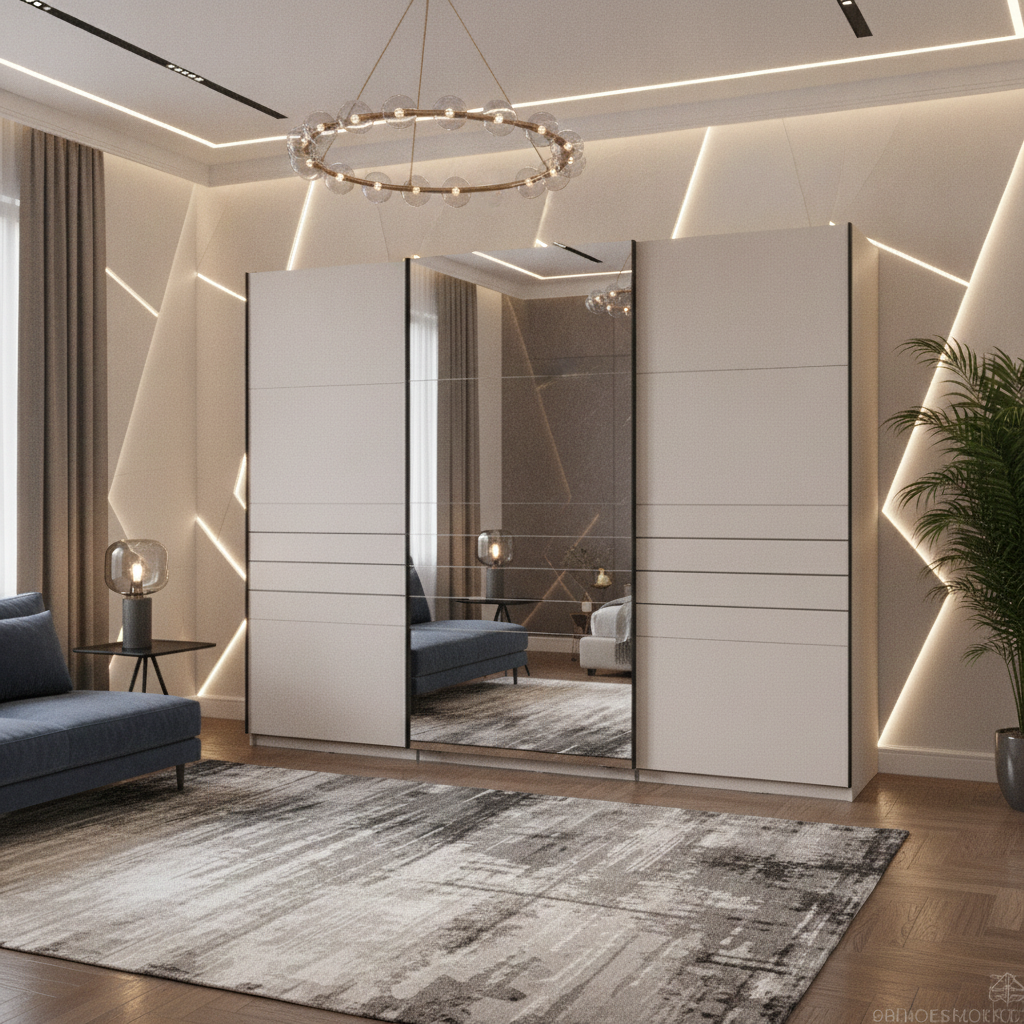 Veymont Cashmere Taupe And Mirrored Extra Large 270cm Sliding Door Wardrobe - 11014748
