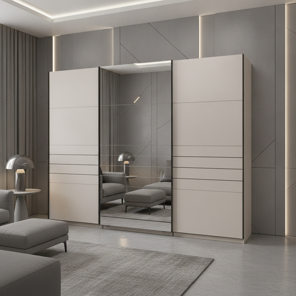 Veymont Cashmere Taupe And Mirrored Extra Large 270cm Sliding Door Wardrobe - 11014748