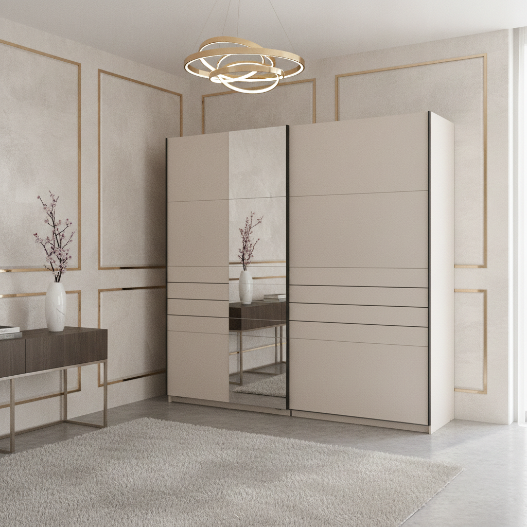 Veymont Cashmere Taupe And Mirrored Large 220cm Sliding Door Wardrobe - 11014746