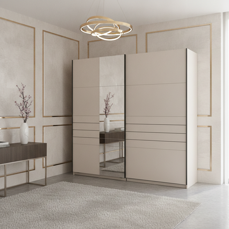 Veymont Cashmere Taupe And Mirrored Large 220cm Sliding Door Wardrobe - 11014746