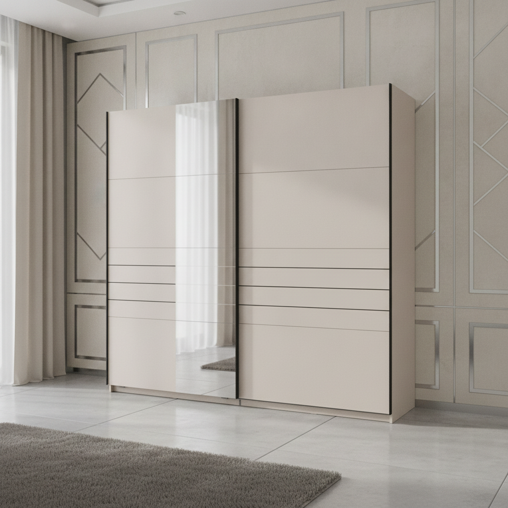 Veymont Cashmere Taupe And Mirrored Large 220cm Sliding Door Wardrobe - 11014746