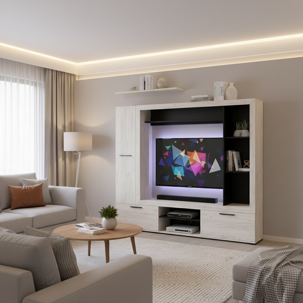 Ferrara Entertaiment Unit Wall TV Cabinet in White Oak and Black -11014772