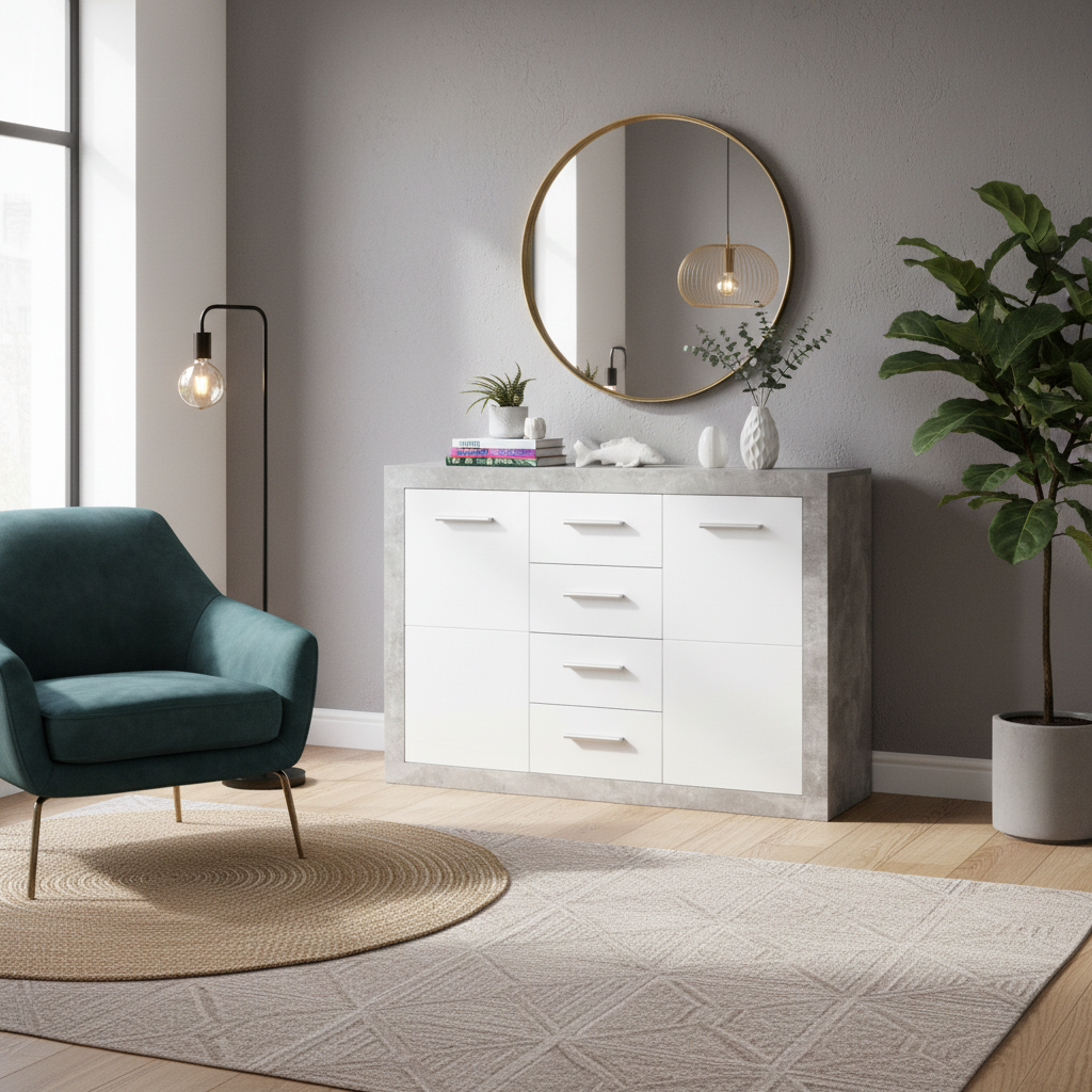 Cementara Concrete Grey and White High Gloss Sideboard 117cm Wide P9BBGS56