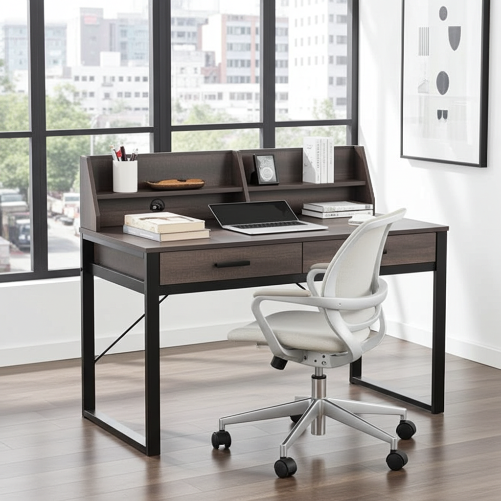 Vivo Modern Dark Walnut Effect Writing Study Desk with Drawers and Hutch
