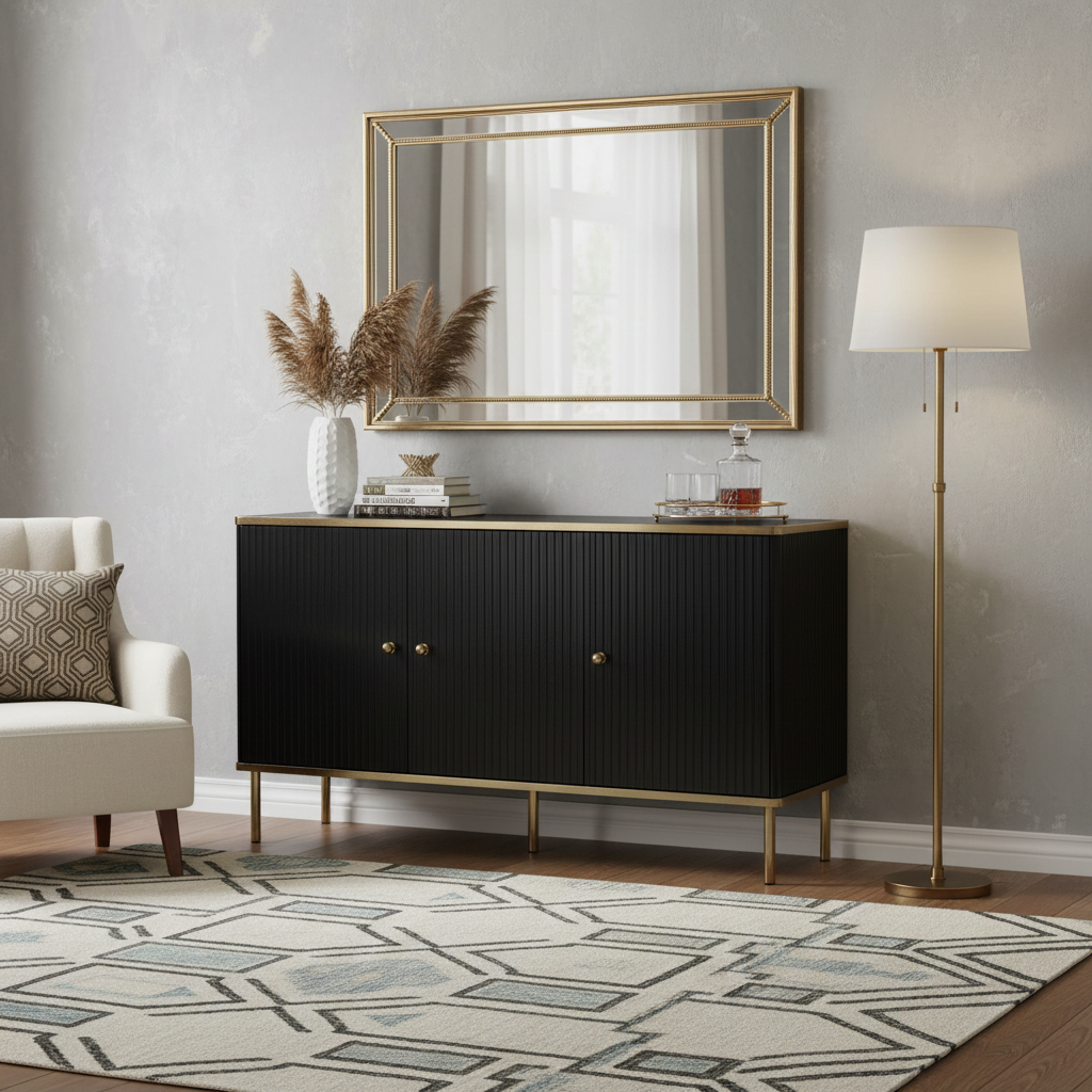 Camelienne Slatted Black And Gold Large 3 Door Elegant Sideboard 3146RZ