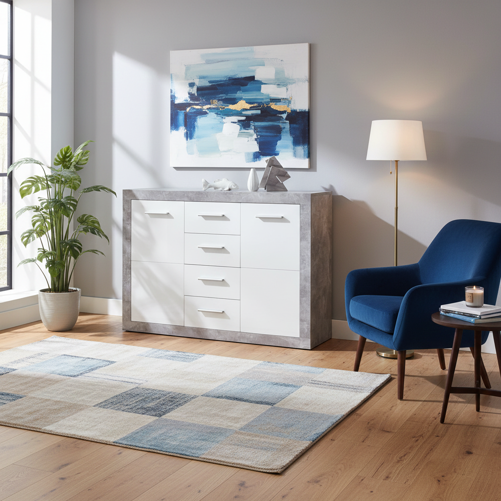 Cementara Concrete Grey and White High Gloss Sideboard 117cm Wide P9BBGS56
