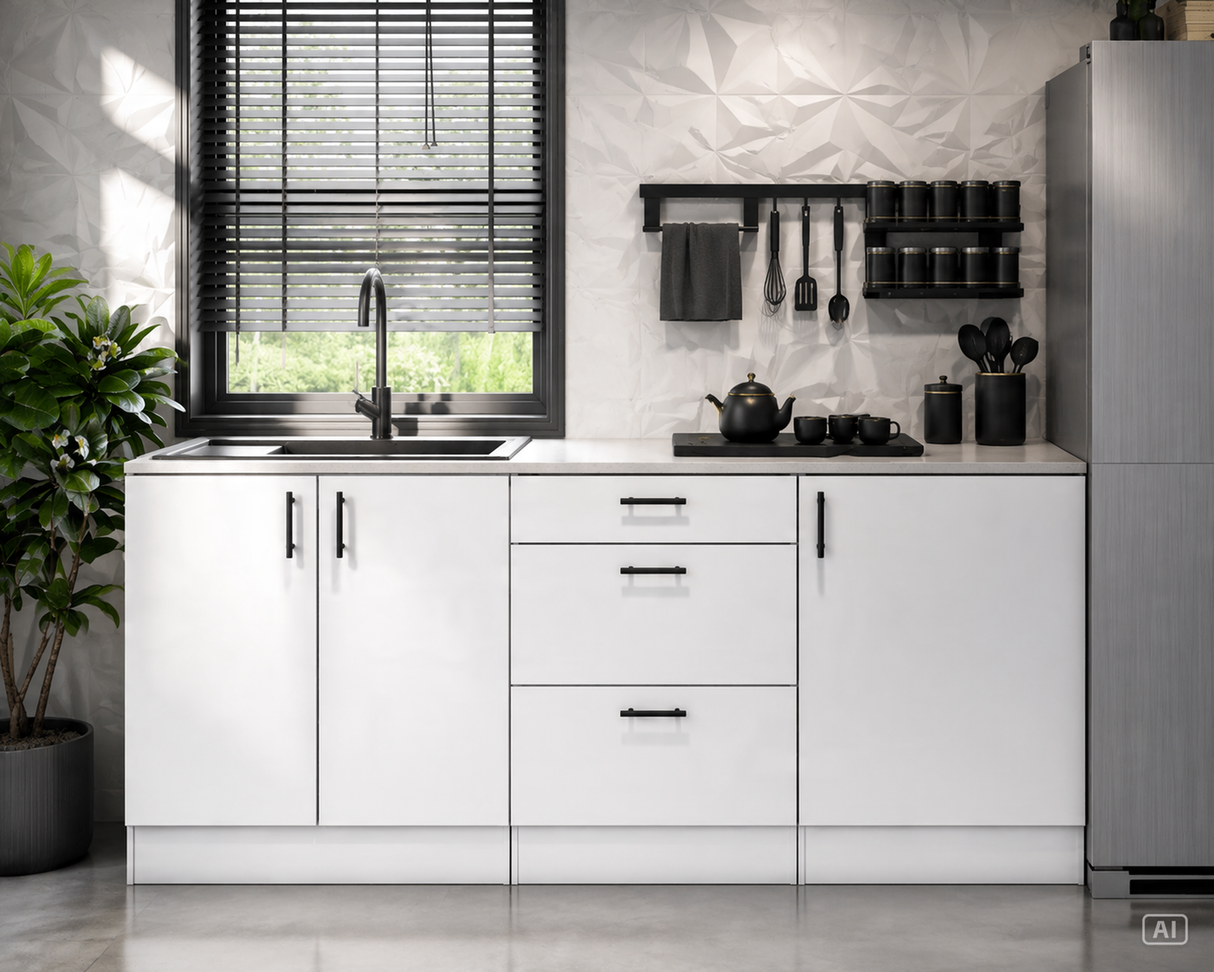 Magna White Gloss Modular 200cm Full Flat Pack Kitchen Units Set Worktops Included  - Option 5