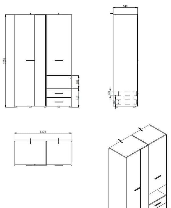 Matera 3 Door White Wardrobe With Drawers And Mirror- 11008264