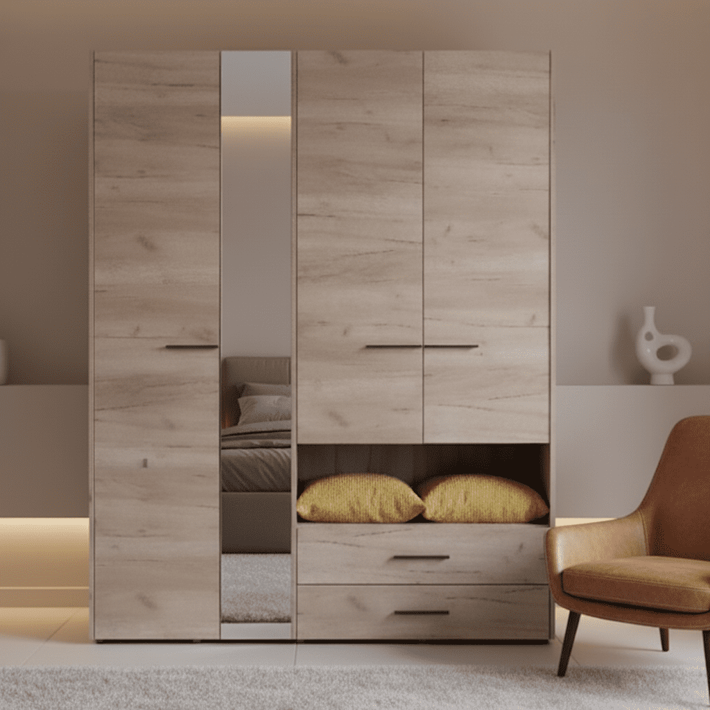 Althena 4 Door Oak Effect 161.5cm Wardrobe With Open Shelf And Drawers