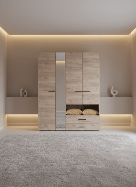 Althena 4 Door Oak Effect 161.5cm Wardrobe With Open Shelf And Drawers