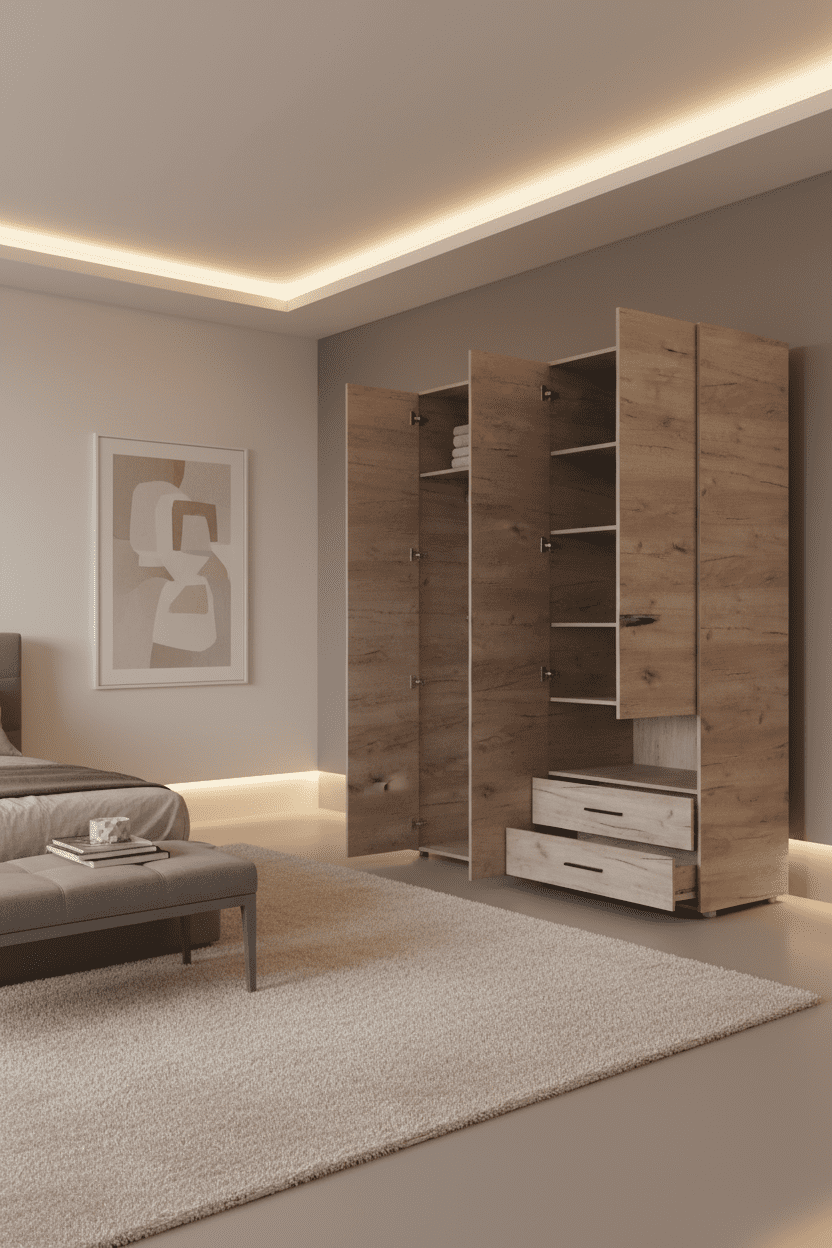 Althena 4 Door Oak Effect 161.5cm Wardrobe With Open Shelf And Drawers