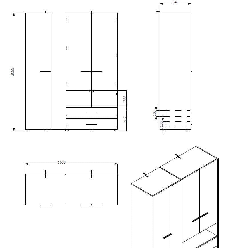 Althena 4 Door Oak Effect 161.5cm Wardrobe With Open Shelf And Drawers