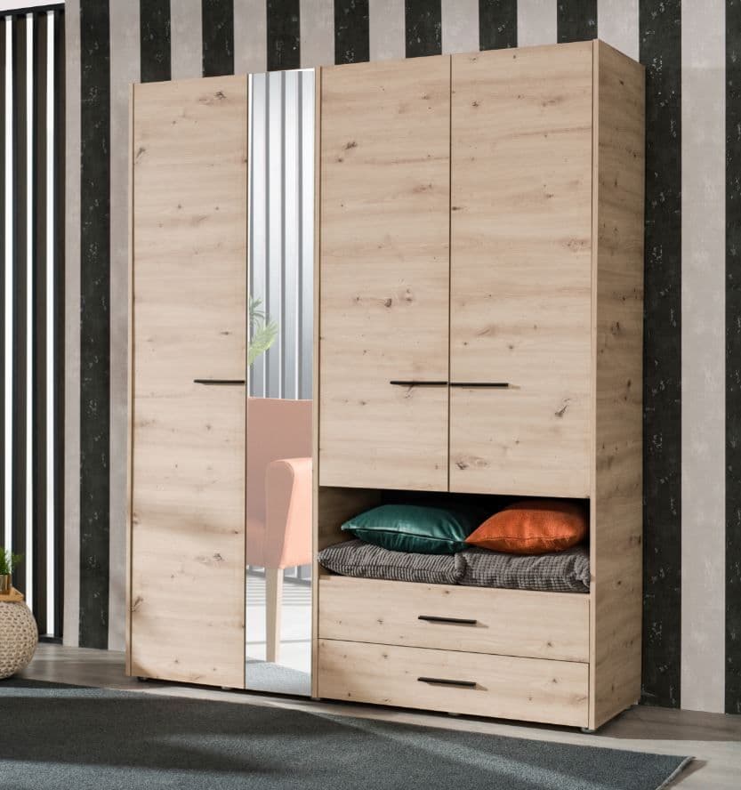 Althena 4 Door Oak Effect 161.5cm Wardrobe With Open Shelf And Drawers