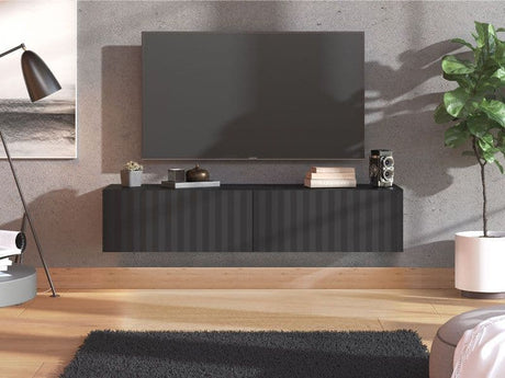 Ambrelle Black Slat Effect Wall Mounted Floating Wide 154cm Large TV Entertainment Unit 11014660