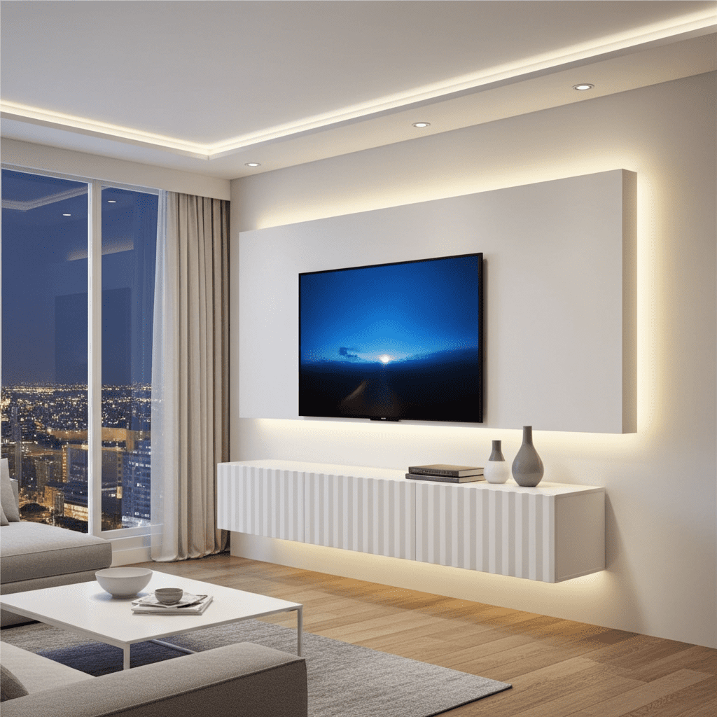 Ambrelle White Slat Effect Wall Mounted Floating Wide 192cm Large TV Entertainment Unit 11014663