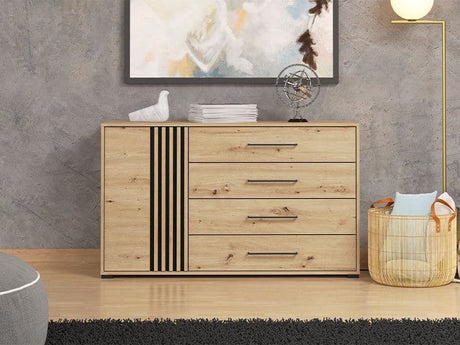 Oakalon Artisan Oak Effect And Black 4 Drawer Sideboard Dresser - 11013063