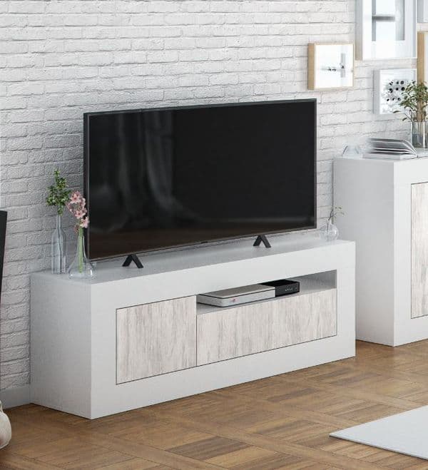 Lee Tall TV Cabinet Entertainment Unit in White with White Wood Effect- 036627A