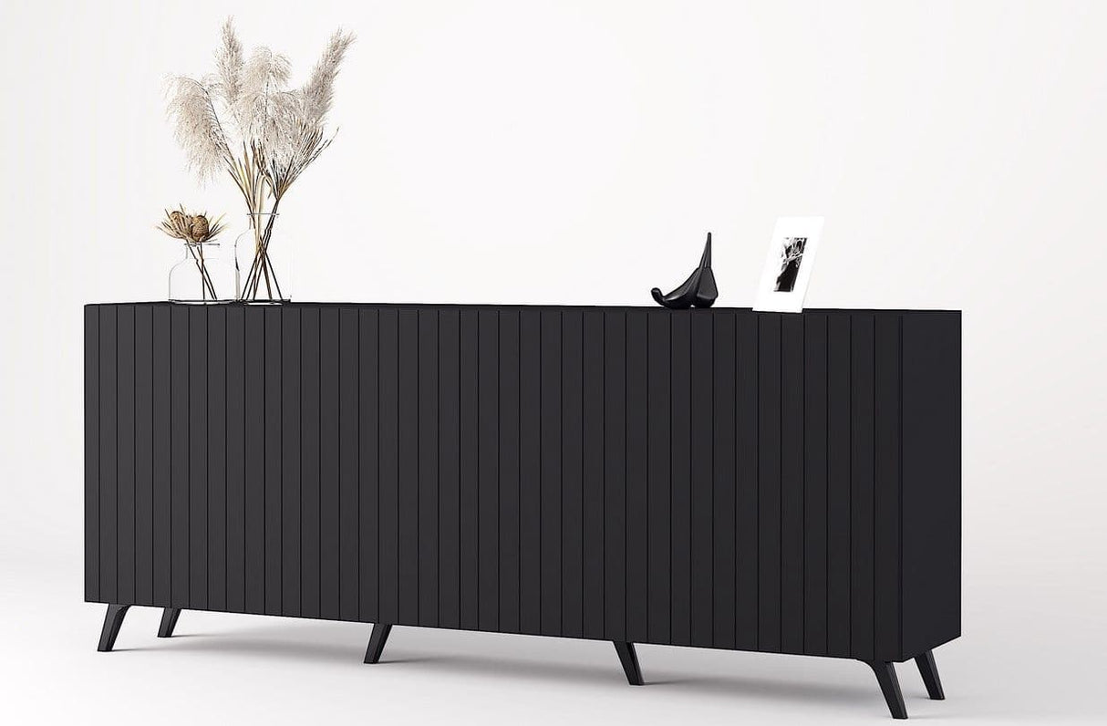 Nora Matte Black Slatted 4 Door Wide Elegant Sideboard