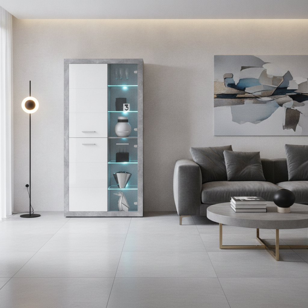 Cementara Grey and White High Gloss Tall 4 Door Display Cabinet P9BBGS02
