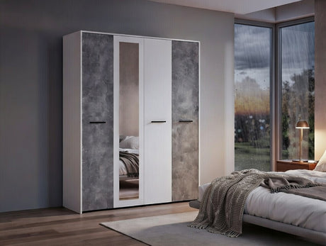 Varadero White And Concrete Grey Effect 4 Door 157cm Mirrored Wardrobe - 11011615rz