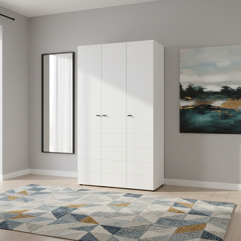 Nevaris White Narrow 3 Door Space-Saving 117cm Wide Wardrobe - 11014949