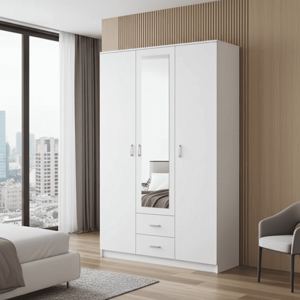 Almeria White 3 Door 2 Drawer Triple Wardrobe with Mirror- 11008714