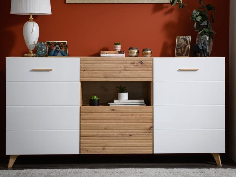 Bretara Slatted Artisan Oak Effect And White Gloss 173cm 2 Door Sideboard - 11012052