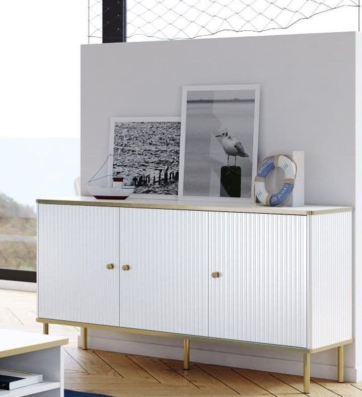Camelienne Slatted White And Gold Large 3 Door Elegant Sideboard 3145RZ