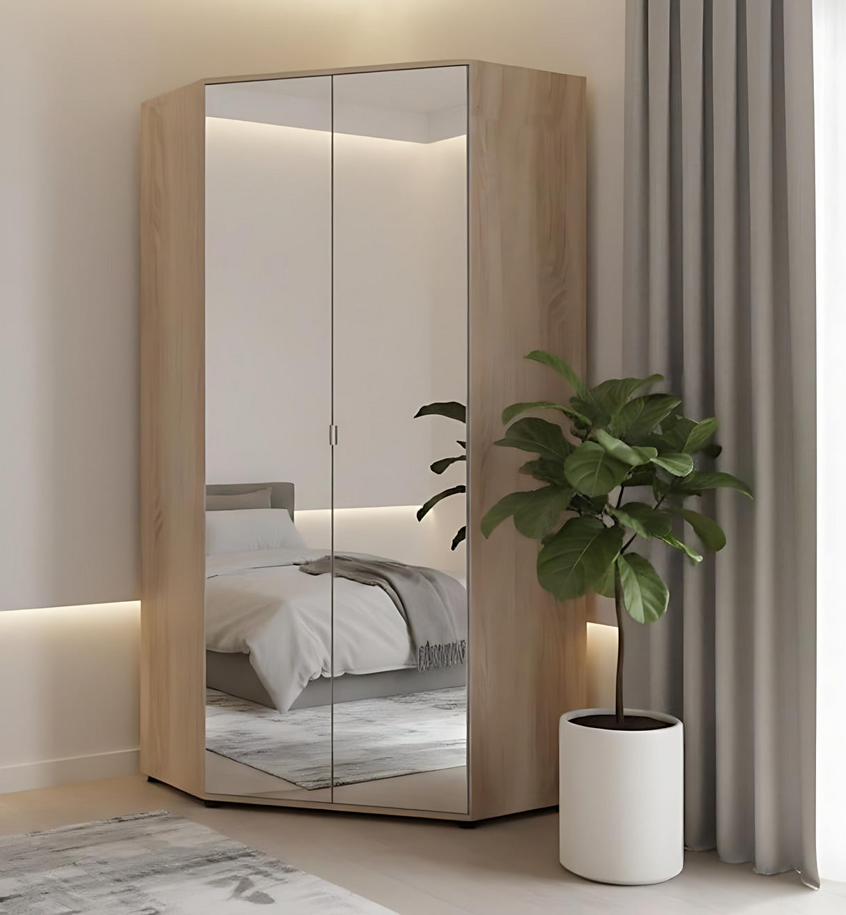 Serene 2 Door 93.5cm Full Mirrored and Oak Corner Wardrobe With Shelves And Hanging Rails