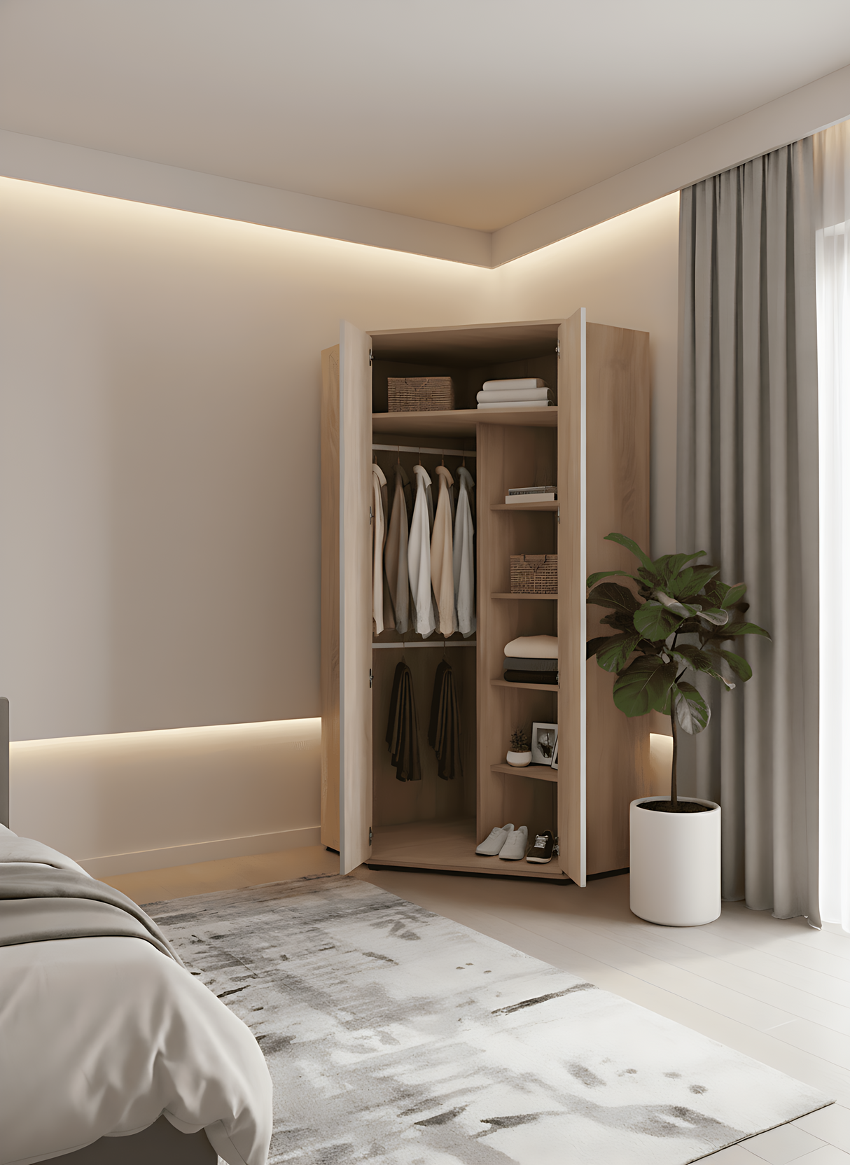 Serene 2 Door 93.5cm Full Mirrored and Oak Corner Wardrobe With Shelves And Hanging Rails