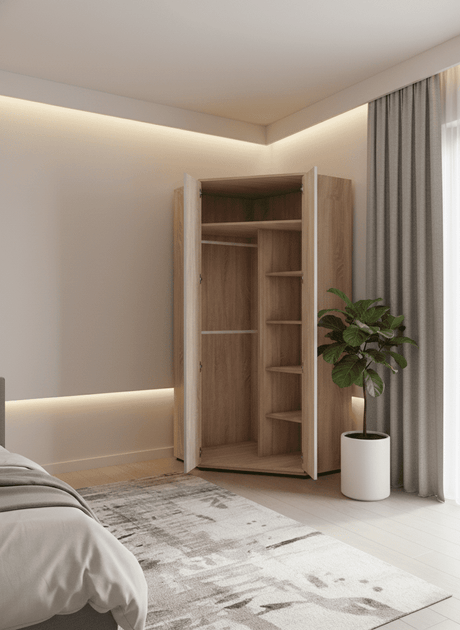 Serene 2 Door 93.5cm Full Mirrored and Oak Corner Wardrobe With Shelves And Hanging Rails