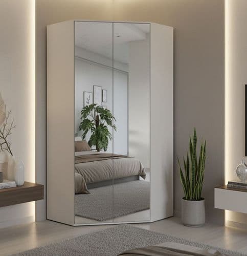 Serene Full Mirrored Corner Wardrobe in White