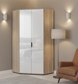 Serene 2 Door White Gloss and Oak Corner Wardrobe with Shelves and Hanging Rails