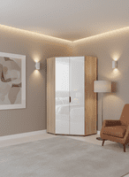 Serene 2 Door White Gloss and Oak Corner Wardrobe with Shelves and Hanging Rails