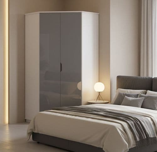 Serene Corner Wardrobe in Glossed Grey & White